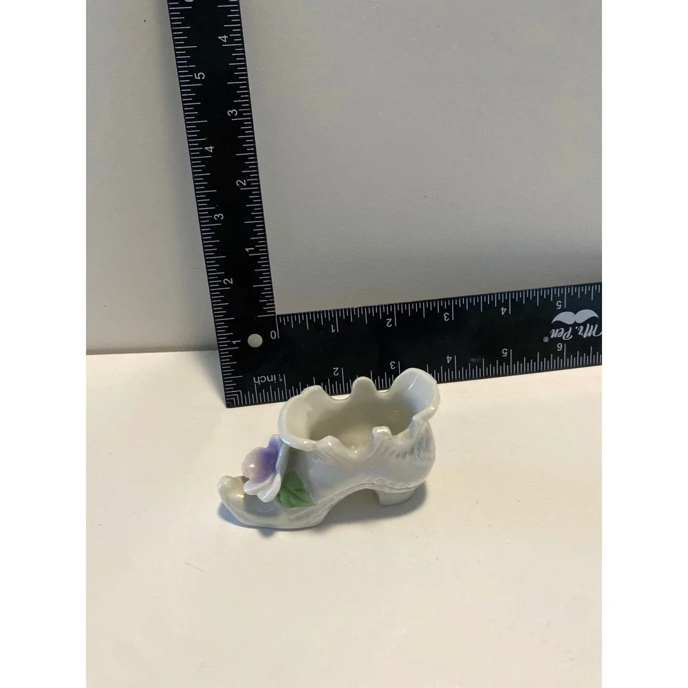 Ceramic Shoe Figurines with Violet Flowers,‎ Iridescent Glaze, Decorative Pair